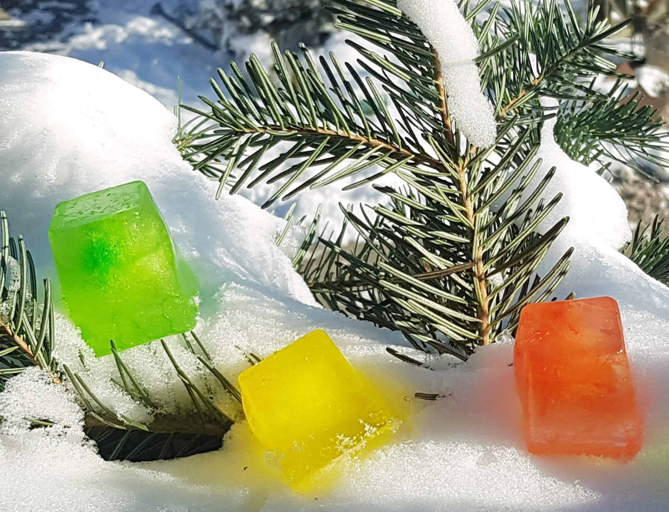 Winter scavenger hunt with colored ice cubes