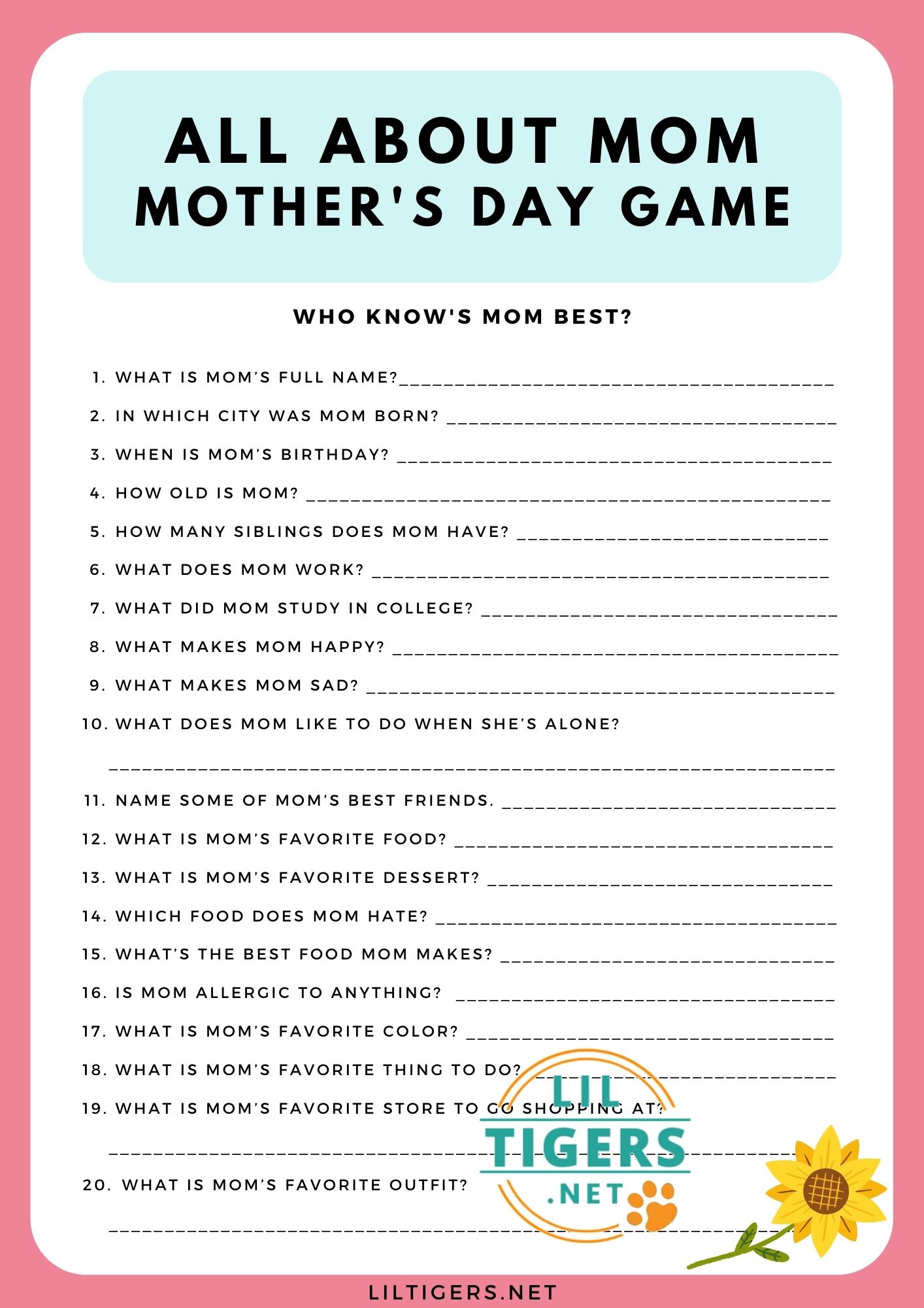 Free Printable  All About Mom Mother's Day Game