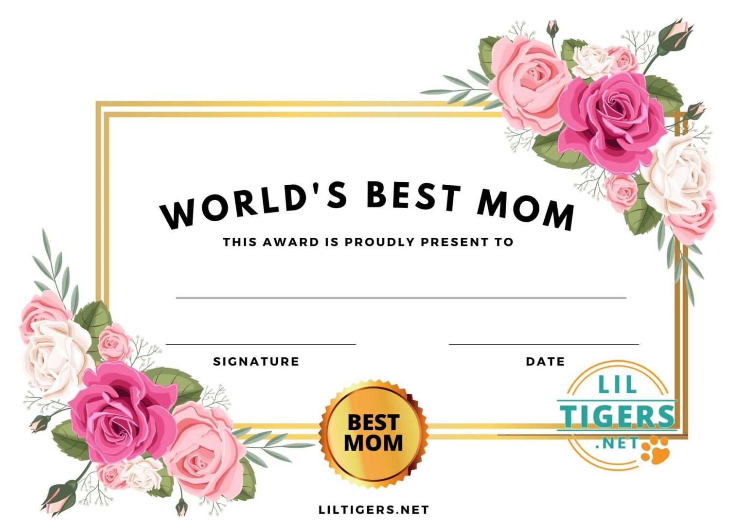 The Worlds Best Mom Award Certificate - Lil Tigers Lil Tigers