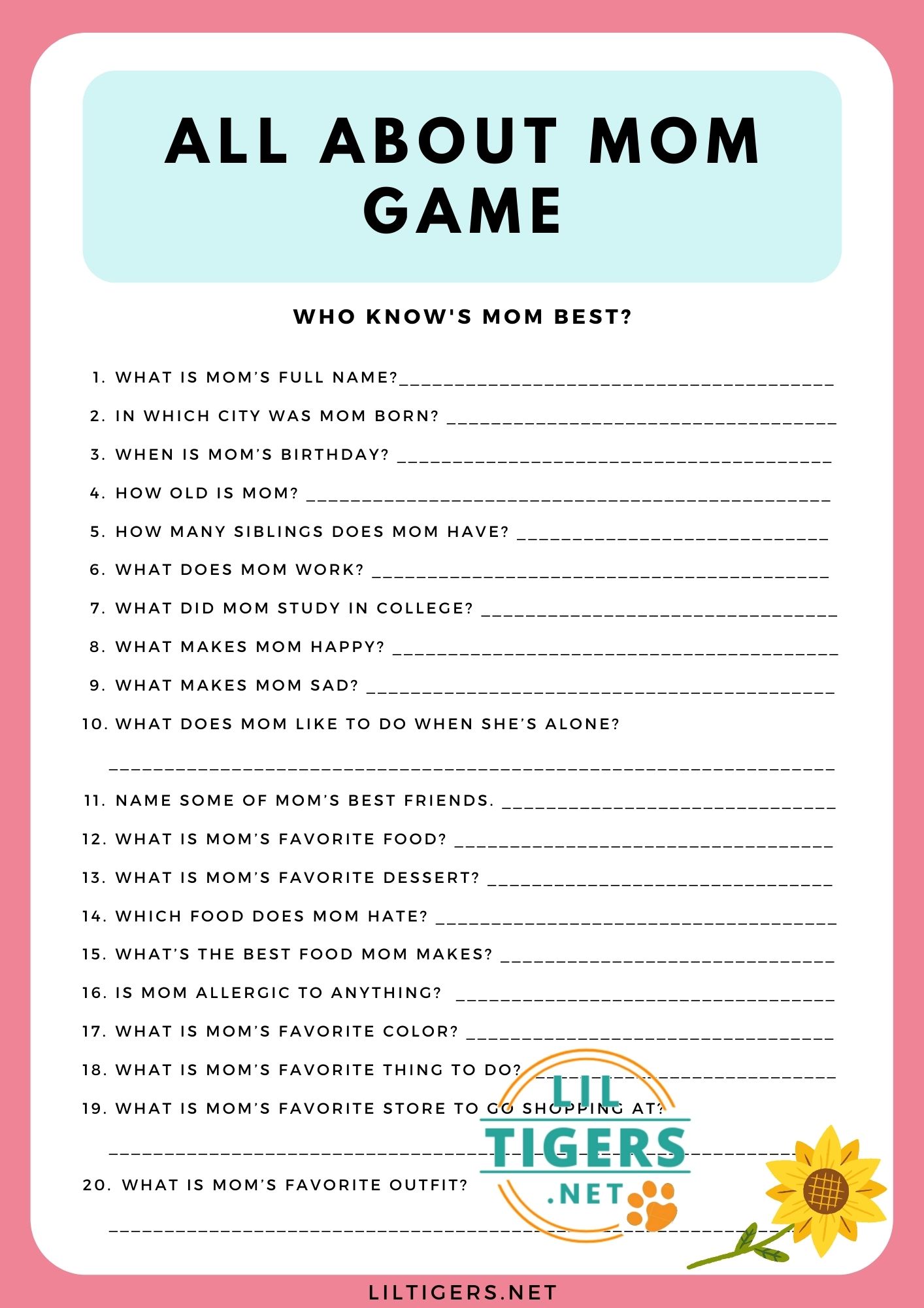 Free Printable All About Mom Game  Template